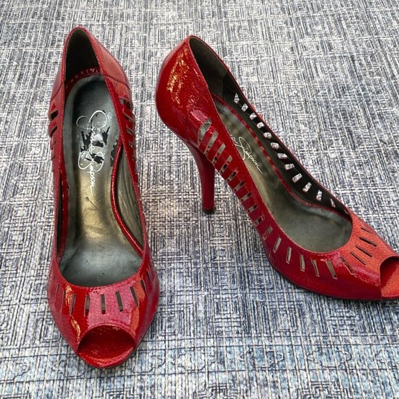 Jessica Simpson Women Heel Red Leather Upper Shoes Open Toe Pump Size 37 6.5US - Picture 2 of 11